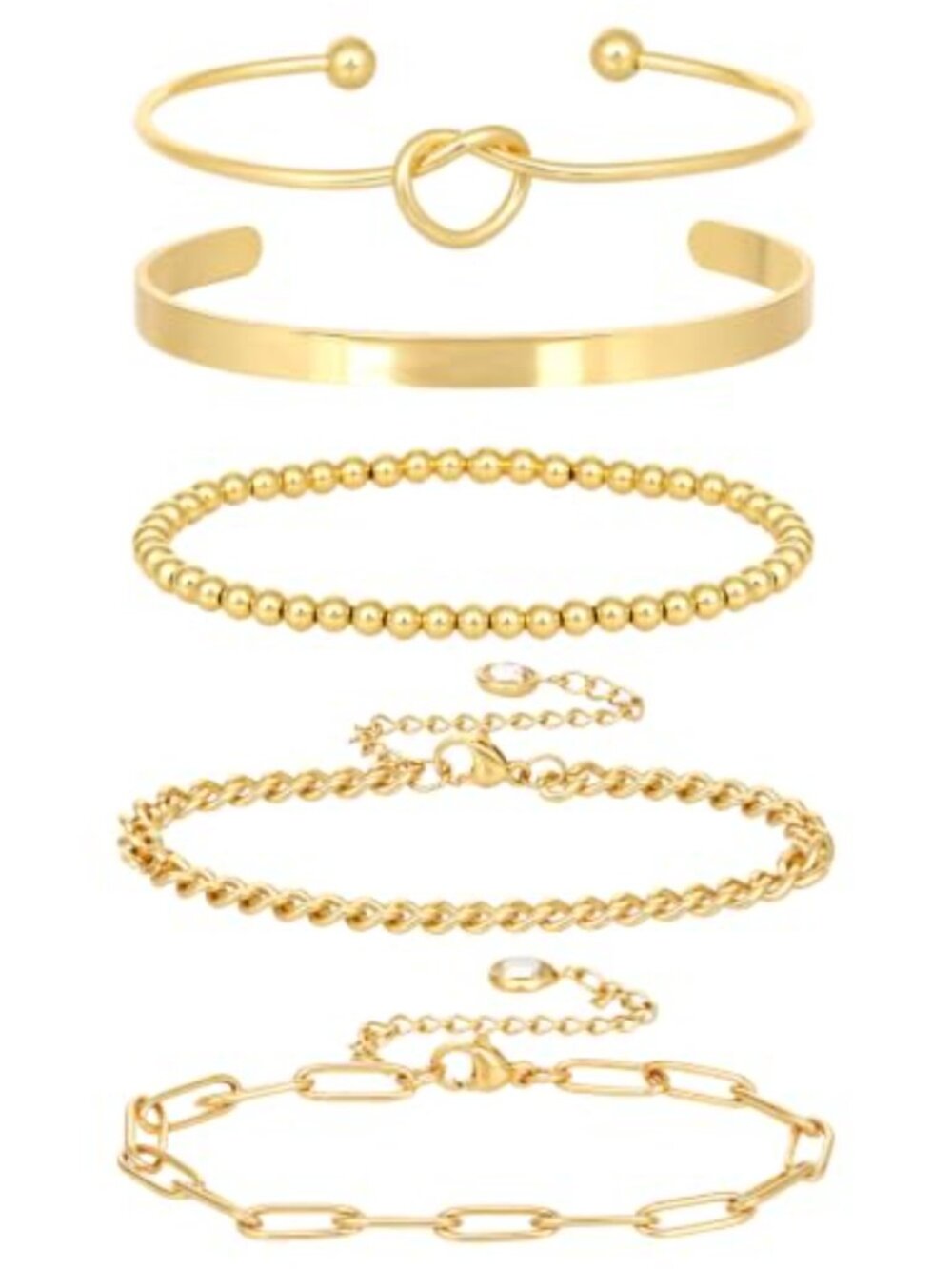 14K Gold Plated Stack Bracelet Set 5pc Adjustable Layered Wrist Jewelry